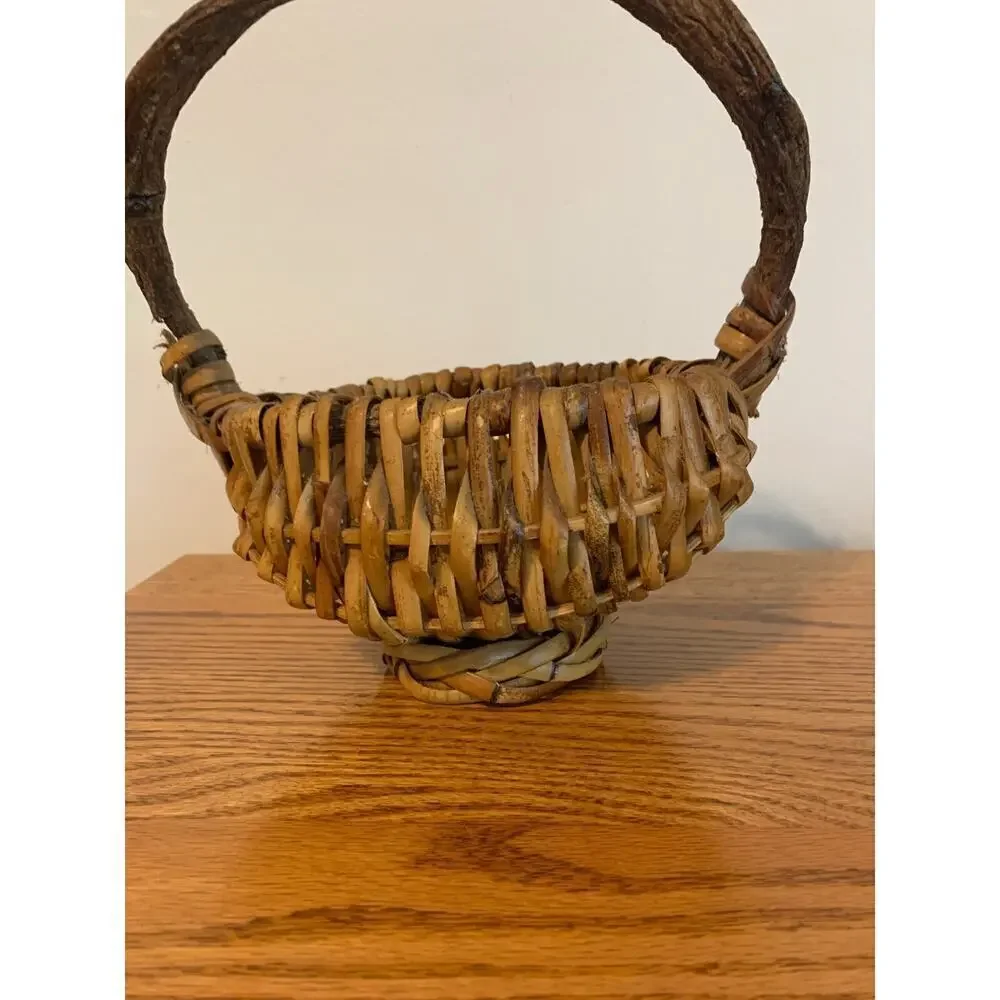 VTG Fruit Wicker Gathering Basket God's Eye Branch Handle Woven Hand Painted